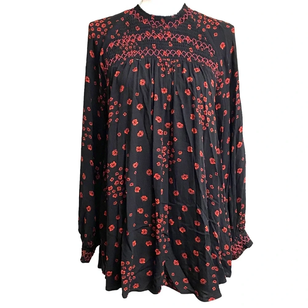 Free People Tunic “Flowers in her Hair” Tunic Small  Red Floral Boho Oversized